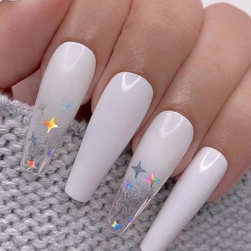 🤍 🎀 24pcs White Laser Star Nails 🎀 🤍